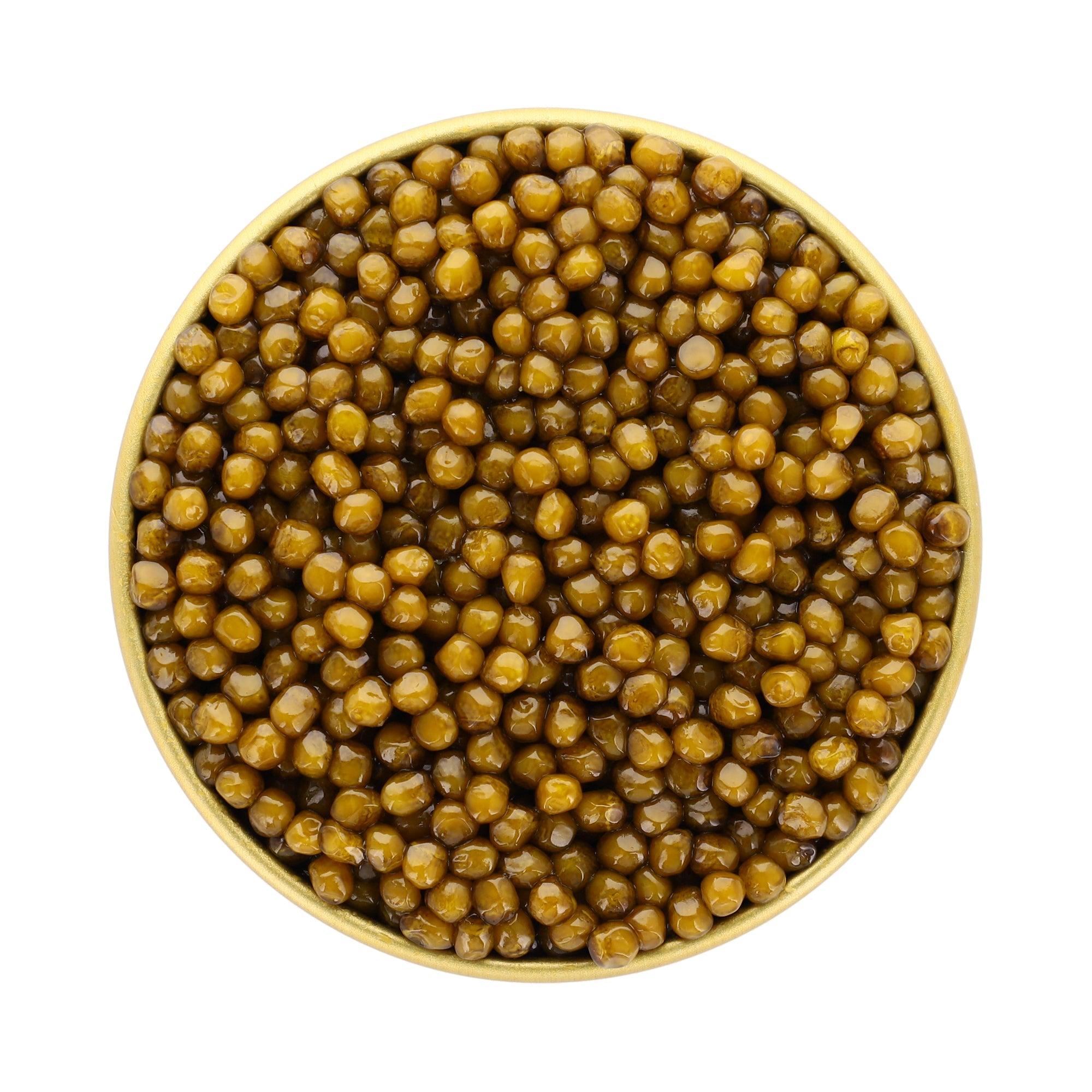 large caviar with mild nutty taste, intense brown to gold color, limited availability
