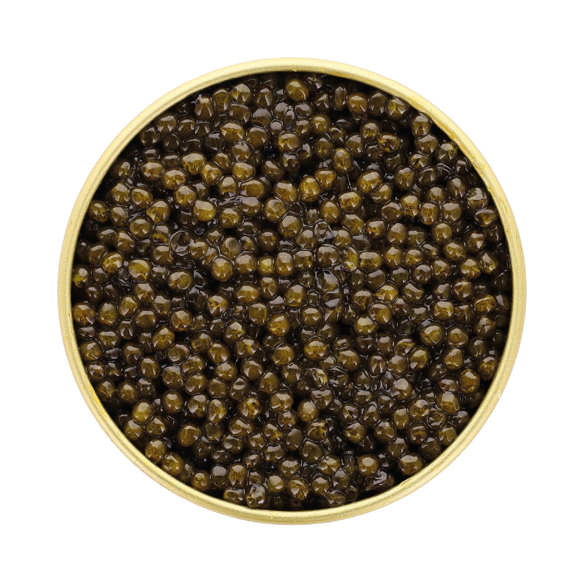 medium size caviar, good value for money, mild nutty taste, green to brown color