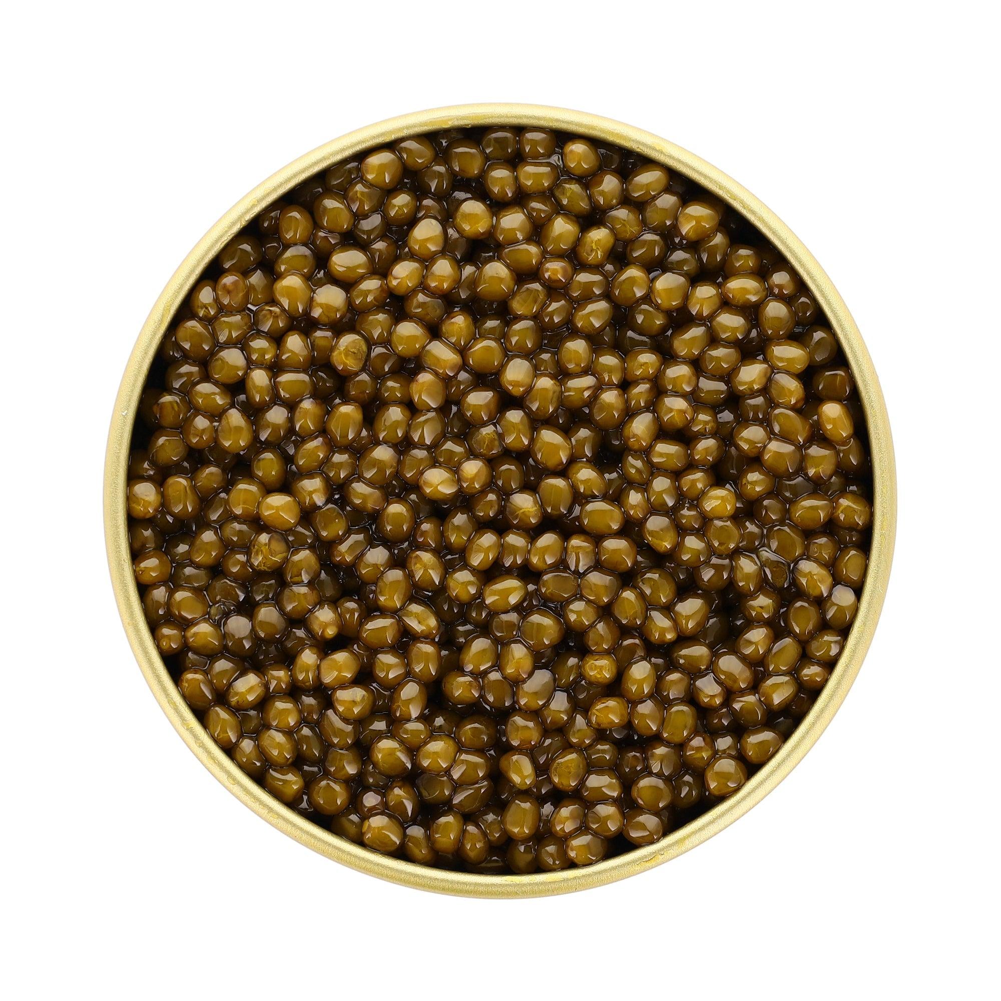 medium size caviar, amber to gold color, creamy flavors, chef's favorite