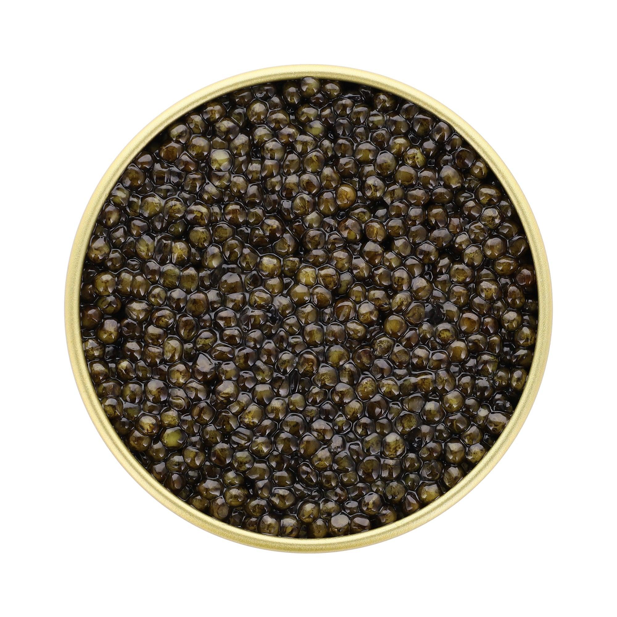 local farmed caviar from California, creamy and fishy taste, medium size roe